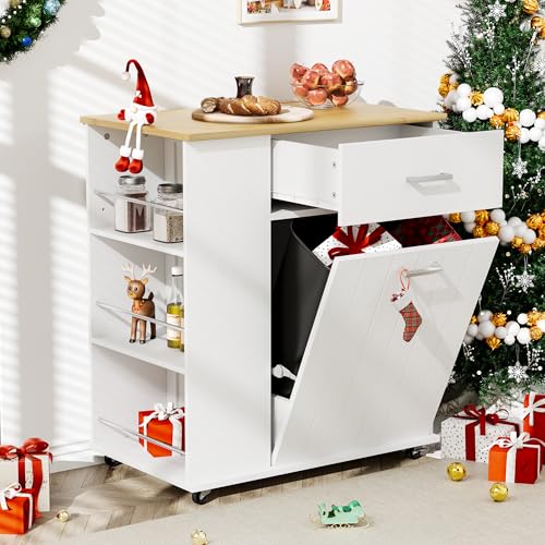 Rolling Kitchen Island with Trash Can Storage, Towel Rack & Spice Rack, Black Z397219