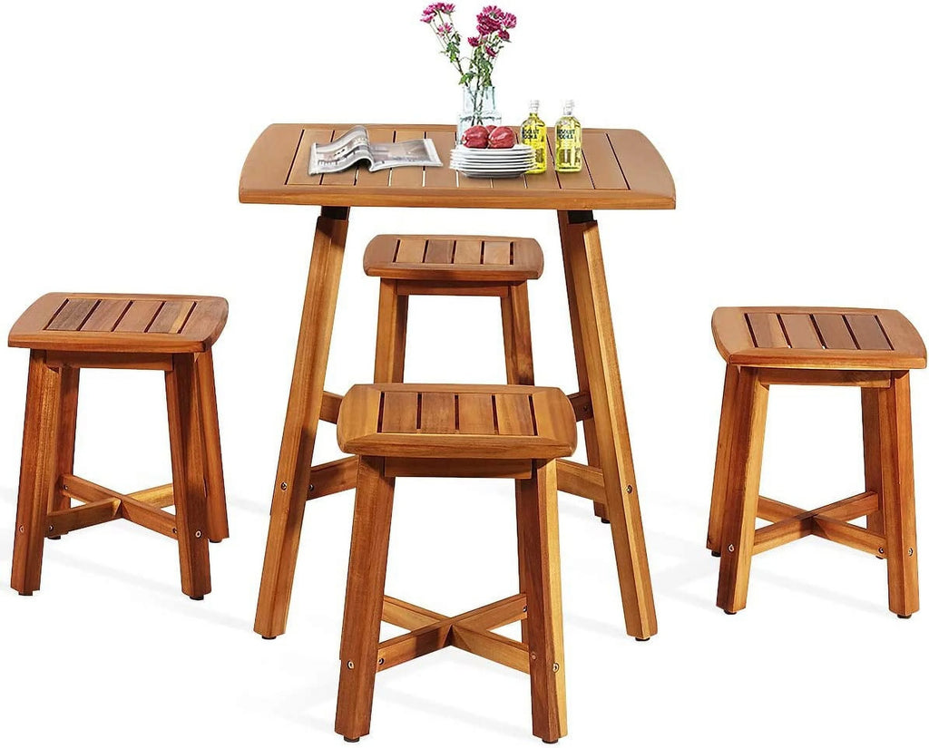 5 Piece Acacia Wood Patio Dining Furniture Set with 4 Stools Z28881