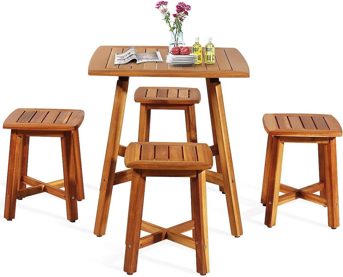 5 Piece Acacia Wood Patio Dining Furniture Set with 4 Stools Z28881