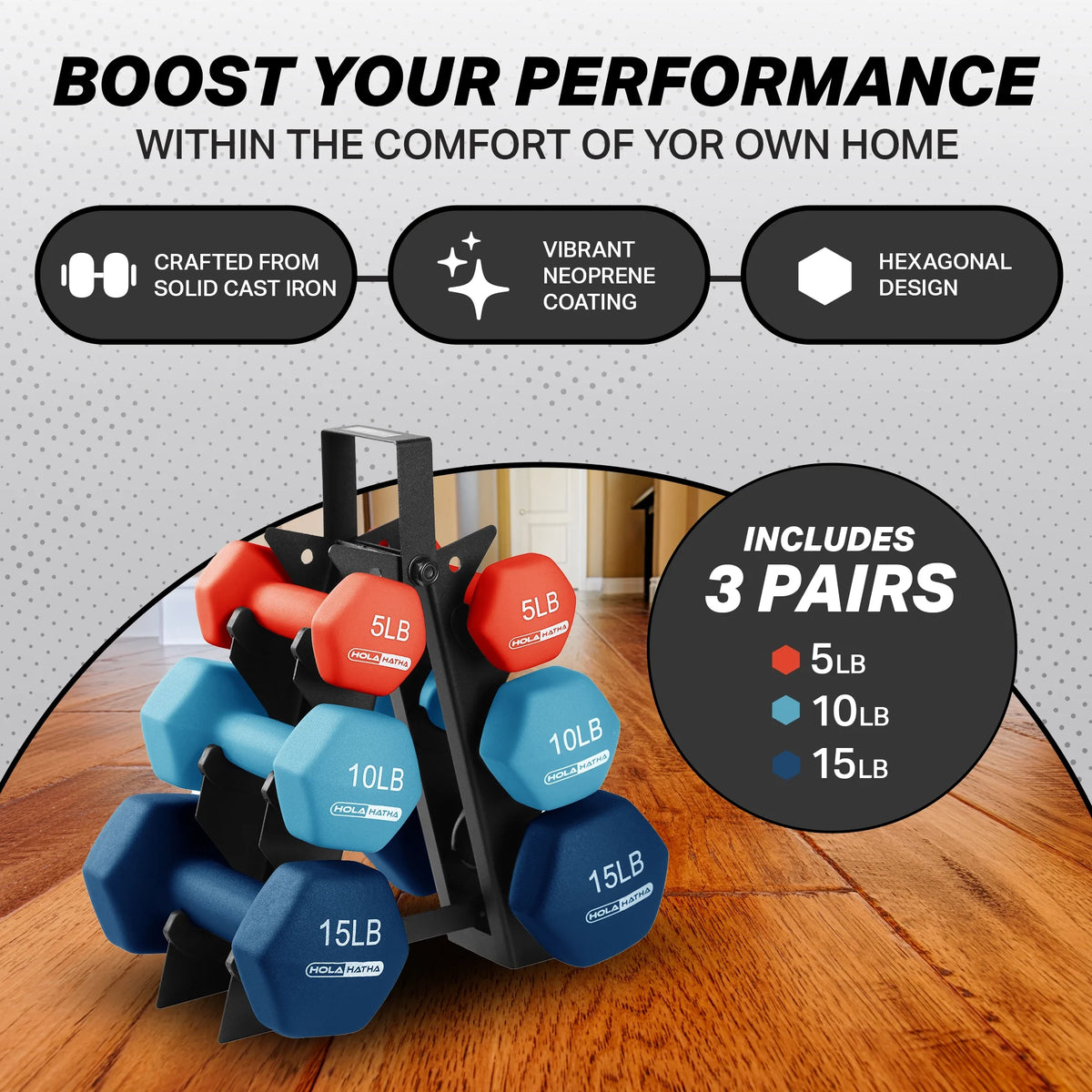 5, 10 & 15 Pound Neoprene Dumbbell Weight Set with Storage Rack G997242