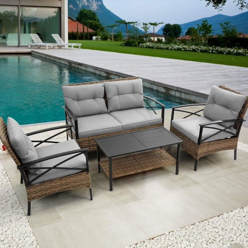 4 Piece Rattan Wicker Outdoor Corner Sofa Set With Cushion B925594